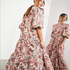 ASOS EDITION floral jacquard smock midi dress with scallop collar in pink NWT